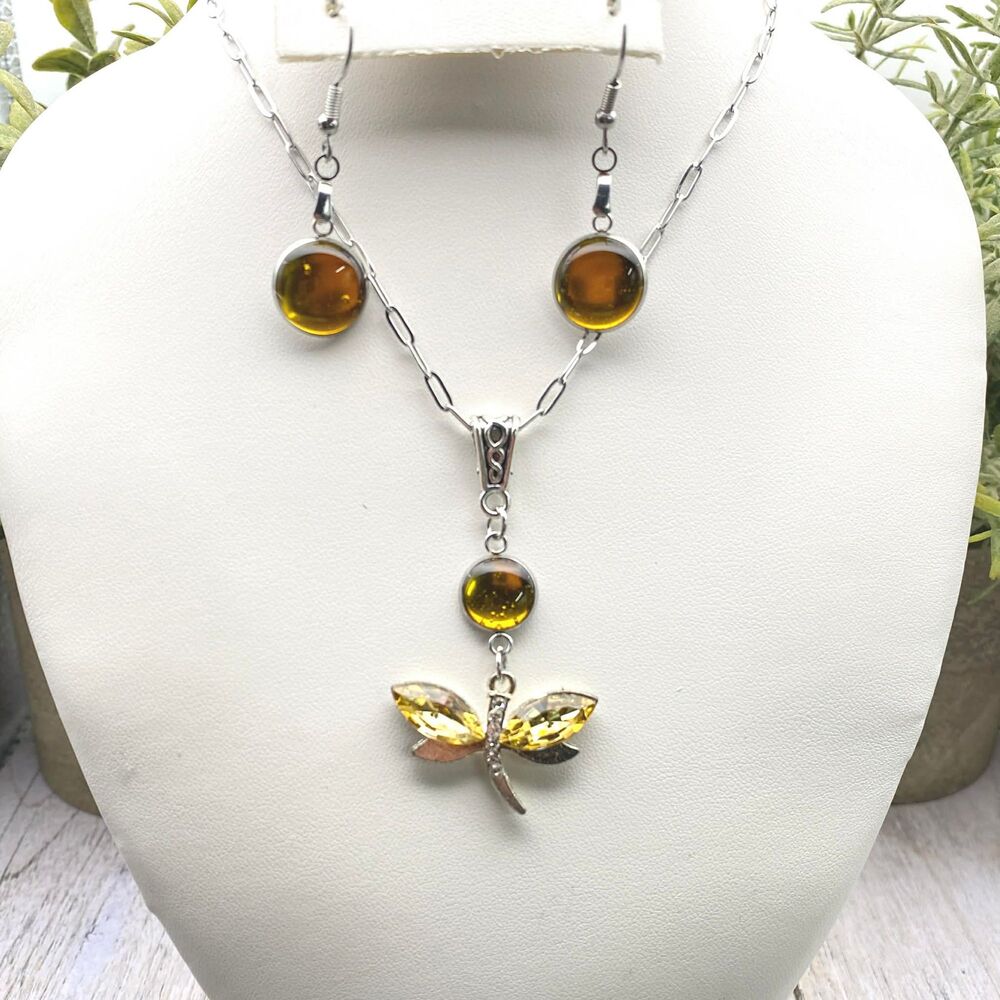 Silver Tone Dragonfly Pendant Necklace & Earrings Set – Yellow Glass - Picture 3 of 4